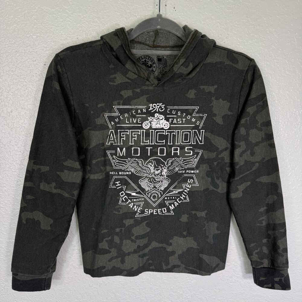 Affliction Hoodie Boys Medium Camo AC Alchemist Skull Motorcycle Hoody Grunge